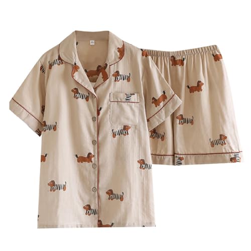 iyoimono Schlafanzug Damen Kurz Pyjama Kurzarm Pyjamas Set Baumwolle Gaze Dackel Nachtwäsche Set Zweiteiliger mit Damen Pyjamahose und Shirt Elastischer Bund Sleepwear für Sommer,Braun XXL von iyoimono