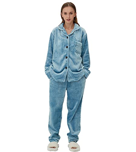 iyoimono Schlafanzug Für Damen 2-Set Pyjama Mit Lange Oberteile Und Hosen Polar Fleece Hausanzug Kuschelige Und Flanell Nachtwasche PjS Für Frauen Flanell Fleece Winter Sleepwear(1026 Blau,M) von iyoimono