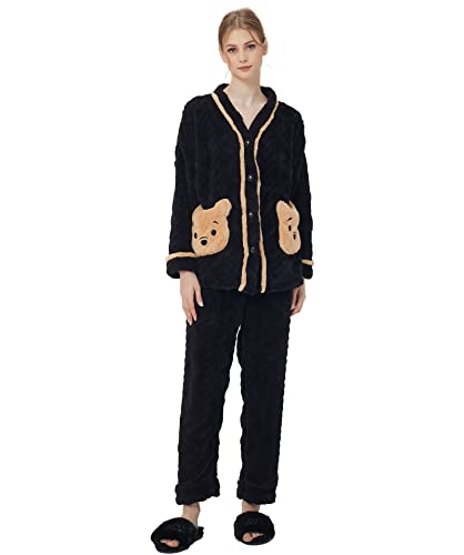 iyoimono Schlafanzug Für Damen 2-Set Pyjama Mit Lange Oberteile Und Hosen Polar Fleece Hausanzug Kuschelige Und Flanell Nachtwasche PjS Für Frauen Flanell Fleece Winter Sleepwear(Schwarz Rosa bär,XXL) von iyoimono