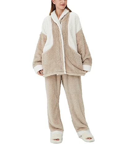 iyoimono Schlafanzug Für Damen 2-Set Pyjama Mit Lange Oberteile Und Hosen Polar Fleece Hausanzug Kuschelige Und Warmes Flanell Nachtwasche PjS Flanell Fleece Winter Sleepwear（Khaki trifft weiß，XXL） von iyoimono