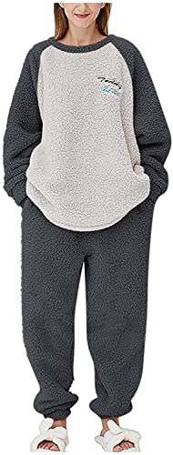 iyoimono Schlafanzug Für Damen 2-Set Pyjama Mit Lange Oberteile Und Hosen Polar Fleece Hausanzug Kuschelige Und Warmes Flanell Nachtwasche PjS Flanell Fleece für Winter Sleepwear（Dunkelgrau，L von iyoimono