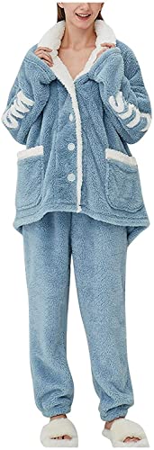 iyoimono Schlafanzug Für Damen 2-Set Pyjama Mit Lange Oberteile Und Hosen Polar Fleece Hausanzug Kuschelige Und Warmes Flanell Nachtwasche PjS Flanell Fleece für Winter Sleepwear（Himmelblau，L） von iyoimono