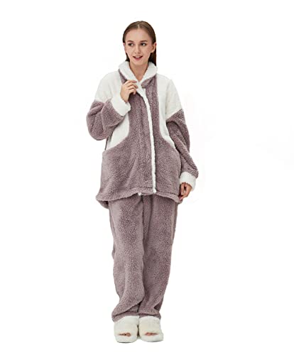 iyoimono Schlafanzug Für Damen 2-Set Pyjama Mit Lange Oberteile Und Hosen Polar Fleece Hausanzug Kuschelige Und Warmes Flanell Nachtwasche PjS Flanell Fleece für Winter Sleepwear（Lila trifft weiß，M） von iyoimono