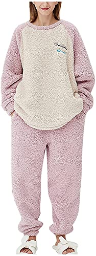 iyoimono Schlafanzug Für Damen 2-Set Pyjama Mit Lange Oberteile Und Hosen Polar Fleece Hausanzug Kuschelige Und Warmes Flanell Nachtwasche PjS Flanell Fleece für Winter Sleepwear（Rosa，XXL） von iyoimono