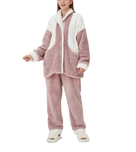 iyoimono Schlafanzug Für Damen 2-Set Pyjama Mit Lange Oberteile Und Hosen Polar Fleece Hausanzug Kuschelige Und Warmes Flanell Nachtwasche PjS Flanell Fleece für Winter Sleepwear（Rosa traf weiß，XXL） von iyoimono