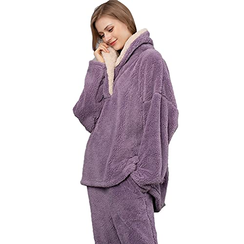 iyoimono Schlafanzug Für Damen 2-Set Pyjama Mit Lange Oberteile Und Hosen Polar Fleece Hausanzug Kuschelige Und Warmes Flanell Nachtwasche PjS Für Frauen Flanell Fleece für Winter Sleepwear(Lila,M) von iyoimono