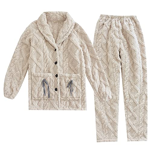 iyoimono Schlafanzug Für Damen 2-Set Pyjama Mit Lange Oberteile Und Hosen Polar Fleece Hausanzug Kuschelige Und Warmes Flanell Nachtwasche PjS Für Frauen Flanell Fleece für Winter Sleepwear（Weiß，L） von iyoimono