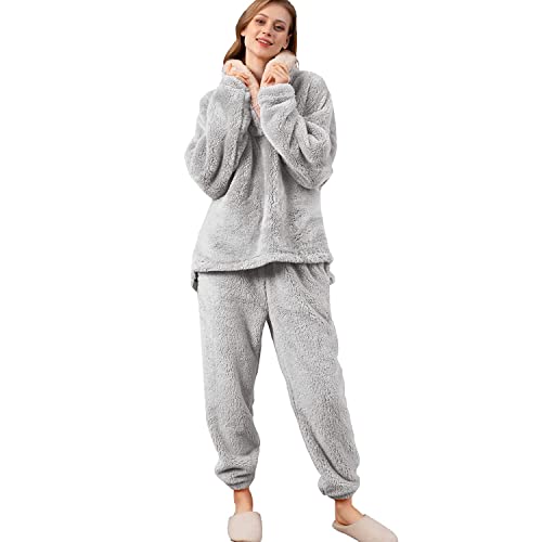 iyoimono Schlafanzug Für Damen 2-Set Pyjama Mit Lange Oberteile Und Hosen Polar Fleece Hausanzug Kuschelige Und Warmes Flanell Nachtwasche PjS Für Frauen Flanell Fleece für Winter Sleepwear(Grau,XXL) von iyoimono