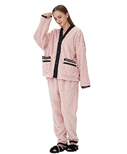 iyoimono Schlafanzug Für Damen 2-Set Pyjama Mit Lange Oberteile Und Hosen Polar Fleece Hausanzug Kuschelige Und Warmes Flanell Nachtwasche PjS Für Frauen Flanell Fleece für Winter Sleepwear（Rosa，M） von iyoimono