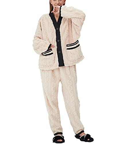 iyoimono Schlafanzug Für Damen 2-Set Pyjama Mit Lange Oberteile Und Hosen Polar Fleece Hausanzug Kuschelige Und Warmes Flanell Nachtwasche PjS Für Frauen Flanell Fleece für Winter Sleepwear（Beige，M） von iyoimono