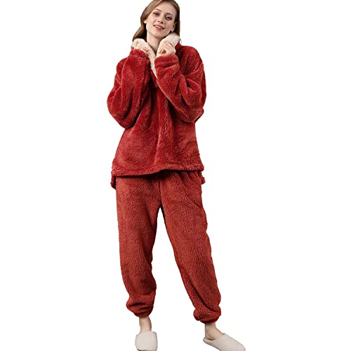 iyoimono Schlafanzug Für Damen 2-Set Pyjama Mit Lange Oberteile Und Hosen Polar Fleece Hausanzug Kuschelige Und Warmes Flanell Nachtwasche PjS Für Frauen Flanell Fleece für Winter Sleepwear(Rot,M) von iyoimono