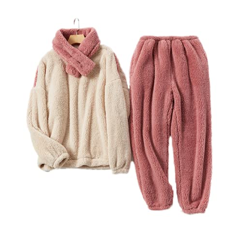 iyoimono Schlafanzug Für Damen 2-Set Pyjama Mit Lange Oberteile Und Hosen Polar Fleece Hausanzug Kuschelige Und Warmes Flanell Nachtwasche PjS Für Frauen für Winter Sleepwear(Weiß Altrosa,XXL) von iyoimono