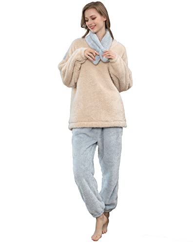 iyoimono Schlafanzug Für Damen 2-Set Pyjama Mit Lange Oberteile Und Hosen Polar Fleece Hausanzug Kuschelige Und Warmes Flanell Nachtwasche PjS Für Frauen für Winter Sleepwear(Weiß Blau,L) von iyoimono