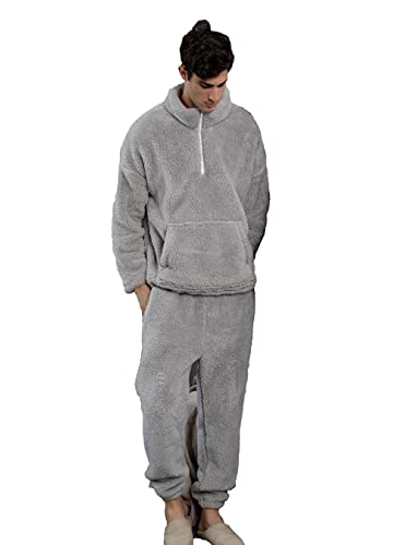 iyoimono Schlafanzug Für Damen 2-Set Pyjama Mit Lange Oberteile Und Hosen Polar Fleece Hausanzug Kuschelige Und Warmes Flanell Nachtwasche PjS Paarmodelle Winter Sleepwear(Grau Stehkragen,XXL) von iyoimono