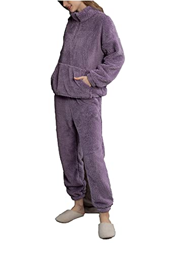 iyoimono Schlafanzug Für Damen 2-Set Pyjama Mit Lange Oberteile Und Hosen Polar Fleece Hausanzug Kuschelige Und Warmes Flanell Nachtwasche PjS Paarmodelle Winter Sleepwear(Lila Stehkragen,M) von iyoimono