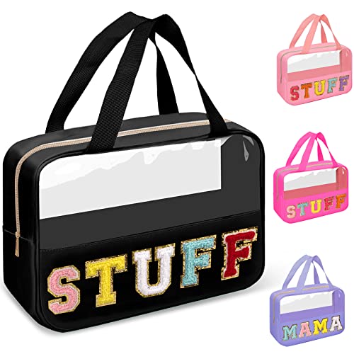Preppy Patch klare Make-up Tasche mit Chenille-Buchstaben, Reißverschluss und Griff, wasserdichte PVC- und Nylon-Kosmetiktasche, tragbarer Glitter-Reise-Organizer für Damen und Mädchen (STUFF-Schwarz) von izuzta