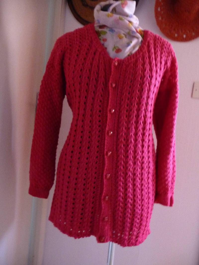 Jacke S.40/42, Einzigartiges Stück, Damenweste, Wolljacke, Handgemachtes Stricken, Spitzenstich, Fuschia - Merinowolle Und Kaschmir von jacquotetricote