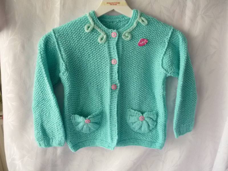 Mädchenjacke, T.6/7 Jahre Alt, Mädchenweste, Türkisblaue Lange Ärmel, Handgestrickt von jacquotetricote