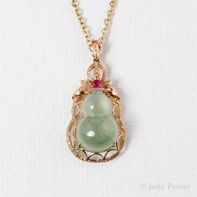 Eisige Grüne Jadeit-Kürbis-Halskette 18Kt Roségold, Turmalin & Diamant von jadepeony