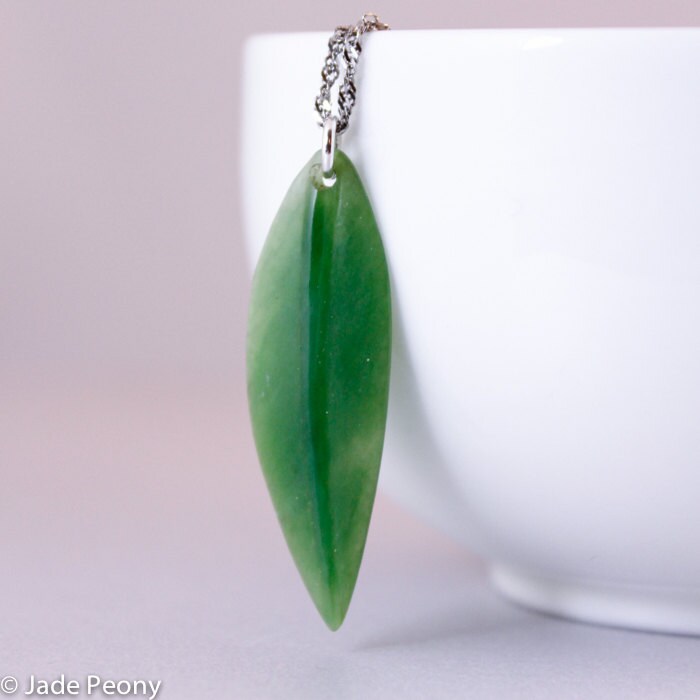 Grüne Nephrit Jade Blatt Halskette Sterling Silber Kette von jadepeony