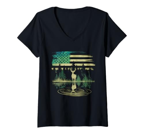 Damen Amerikanische Flagge Jagd Tshirt Whitetail Buck Jäger Hunter T-Shirt mit V-Ausschnitt Damen Amerikanische Flagge Jagd Tshirt Whitetail Buck Jäger Hunter T-Shirt mit V-Ausschnitt von jagd TShirt Camouflage American Flag USA