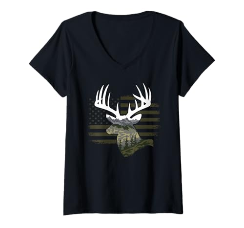 Damen Amerikanische Flagge Jagd Tshirt Whitetail Buck Jäger Hunter T-Shirt mit V-Ausschnitt Damen Amerikanische Flagge Jagd Tshirt Whitetail Buck Jäger Hunter T-Shirt mit V-Ausschnitt von jagd TShirt Camouflage American Flag USA