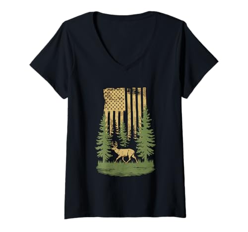 Damen Amerikanische Flagge Jagd Tshirt Whitetail Buck Jäger Hunter T-Shirt mit V-Ausschnitt Damen Amerikanische Flagge Jagd Tshirt Whitetail Buck Jäger Hunter T-Shirt mit V-Ausschnitt von jagd TShirt Camouflage American Flag USA