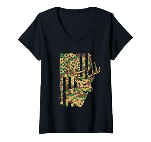 Damen Amerikanische Flagge Jagd Tshirt Whitetail Buck Jäger Hunter T-Shirt mit V-Ausschnitt Damen Amerikanische Flagge Jagd Tshirt Whitetail Buck Jäger Hunter T-Shirt mit V-Ausschnitt von jagd TShirt Camouflage American Flag USA