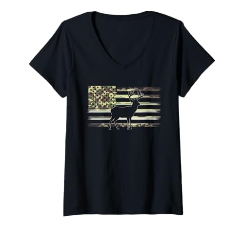 Damen Amerikanische Flagge Jagd Tshirt Whitetail Buck Jäger Hunter T-Shirt mit V-Ausschnitt von jagd TShirt Camouflage American Flag USA