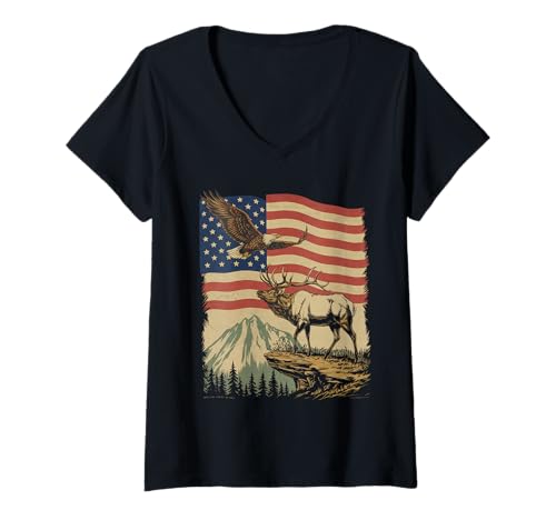 Damen Amerikanische Flagge Jagd Tshirt Whitetail Buck Jäger Hunter T-Shirt mit V-Ausschnitt Damen Amerikanische Flagge Jagd Tshirt Whitetail Buck Jäger Hunter T-Shirt mit V-Ausschnitt von jagd TShirt Camouflage American Flag USA