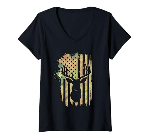 Damen Amerikanische Flagge Jagd Tshirt Whitetail Buck Jäger Hunter T-Shirt mit V-Ausschnitt Damen Amerikanische Flagge Jagd Tshirt Whitetail Buck Jäger Hunter T-Shirt mit V-Ausschnitt von jagd TShirt Camouflage American Flag USA