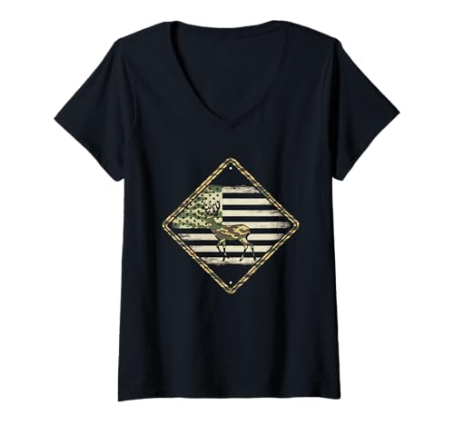 Damen Amerikanische Flagge Jagd Tshirt Whitetail Buck Jäger Hunter T-Shirt mit V-Ausschnitt von jagd TShirt Camouflage American Flag USA