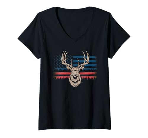 Damen Amerikanische Flagge Jagd Tshirt Whitetail Buck Jäger Hunter T-Shirt mit V-Ausschnitt Damen Amerikanische Flagge Jagd Tshirt Whitetail Buck Jäger Hunter T-Shirt mit V-Ausschnitt von jagd TShirt Camouflage American Flag USA