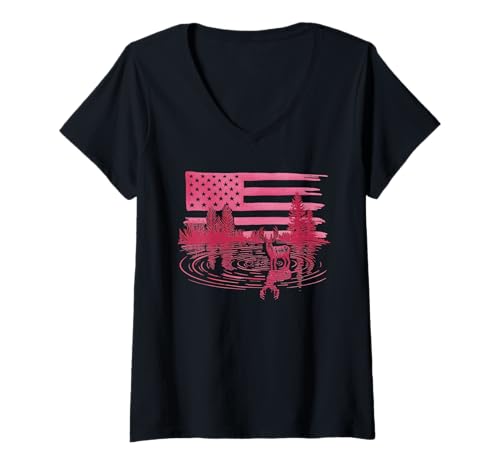 Damen Amerikanische Flagge Jagd Tshirt Whitetail Buck Jäger Hunter T-Shirt mit V-Ausschnitt von jagd TShirt Camouflage American Flag USA