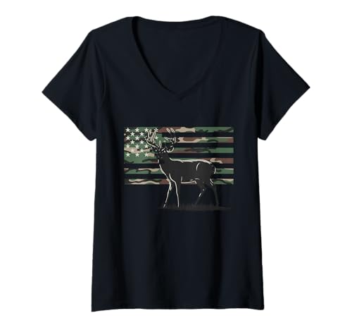 Damen Amerikanische Flagge Jagd Tshirt Whitetail Buck Jäger Hunter T-Shirt mit V-Ausschnitt Damen Amerikanische Flagge Jagd Tshirt Whitetail Buck Jäger Hunter T-Shirt mit V-Ausschnitt von jagd TShirt Camouflage American Flag USA