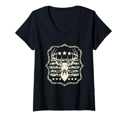 Damen Amerikanische Flagge Jagd Tshirt Whitetail Buck Jäger Hunter T-Shirt mit V-Ausschnitt Damen Amerikanische Flagge Jagd Tshirt Whitetail Buck Jäger Hunter T-Shirt mit V-Ausschnitt von jagd TShirt Camouflage American Flag USA