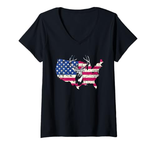 Damen Amerikanische Flagge Jagd Tshirt Whitetail Buck Jäger Hunter T-Shirt mit V-Ausschnitt Damen Amerikanische Flagge Jagd Tshirt Whitetail Buck Jäger Hunter T-Shirt mit V-Ausschnitt von jagd TShirt Camouflage American Flag USA