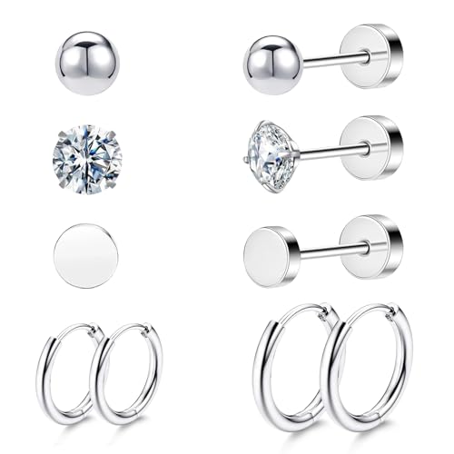 jagosen 5 Paar Titan Ohrringe Ohrstecker Set Damen Herren Helix Piercing Flatback Ohrstecker Chirurgenstahl Creolen Silber Ohrringe Set Für Mehrere Ohrlöcher von jagosen