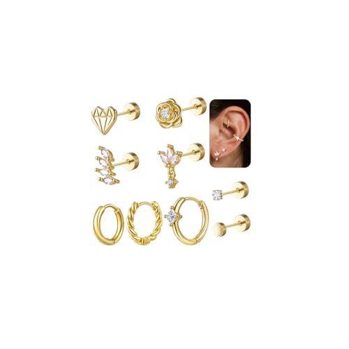 jagosen 9Pcs Helix Piercings Silber 925 Gold Chirurgenstahl Ohrringe Piercing Set aus Zirkon & Blumen-Designs,Flatback Ohrstecker für Damen,Tragus/Conch/Lobe Piercing Ohr Schmuck von jagosen