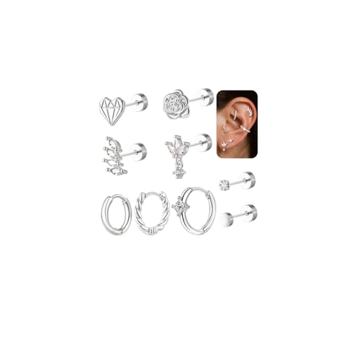jagosen 9Pcs Helix Piercings Silber 925 Gold Chirurgenstahl Ohrringe Piercing Set aus Zirkon & Blumen-Designs,Flatback Ohrstecker für Damen,Tragus/Conch/Lobe Piercing Ohr Schmuck von jagosen