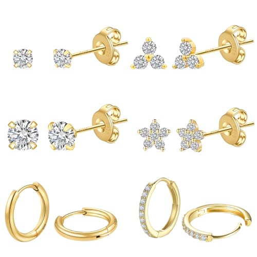 jagosen Ohrringe Creolen Gold Set Damen 6 Paar 18K Vergoldet Creolen Klein Ohrstecker Set Mit Zirkonia Blumen Ohrringe Für Mehrere Ohrlöcher Gold Schmuck Set von jagosen