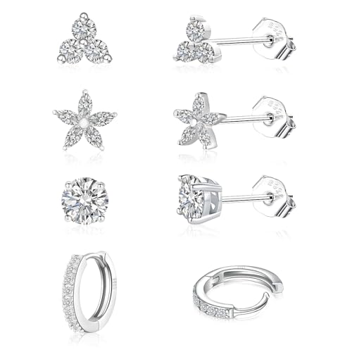 jagosen 4 Paar Ohrstecker Silber 925/Gold Damen Ohrringe Silber 925/Gold Set Hypoallergenes Ohrstecker mit Zirkonia/Creolen/Tropfen/Blume von jagosen