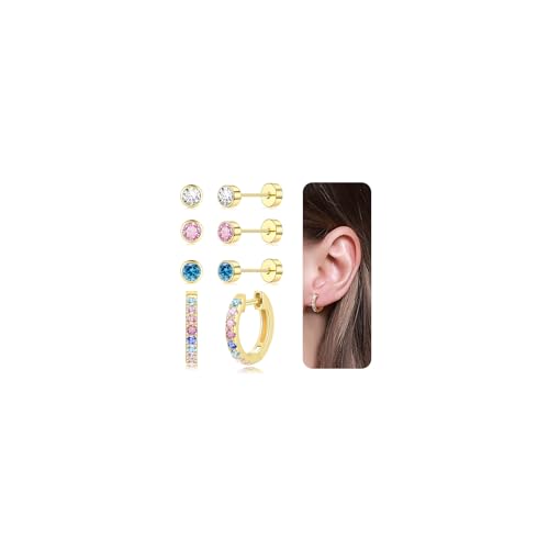 jagosen Ohrringe Gold Set Damen 4 Paar Hypoallergen Ohrstecker Creolen Gold mit Zirkonia Medizinische Chirurgenstahl Titan Ohrringe mit Flachem Verschluss(rund) von jagosen