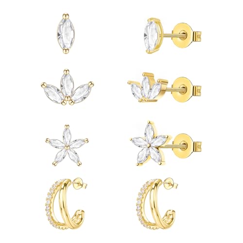 jagosen 4 Paar Ohrstecker Silber 925/Gold Damen Ohrringe Silber 925/Gold Set Hypoallergenes Ohrstecker mit Zirkonia/Creolen/Tropfen/Blume von jagosen