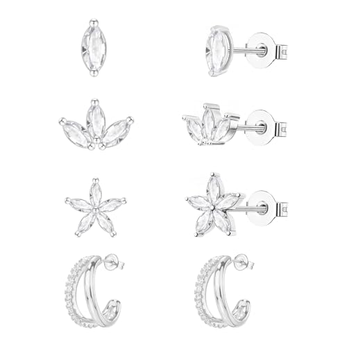 jagosen 4 Paar Ohrstecker Silber 925/Gold Damen Ohrringe Silber 925/Gold Set Hypoallergenes Ohrstecker mit Zirkonia/Creolen/Tropfen/Blume von jagosen