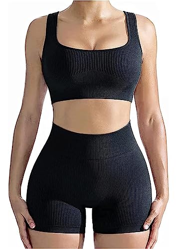 Damen 2 Stück Sport Set kurz Sportanzüge Jogginganzug, Hohe Taille Workout Outfits Nahtlos Gerippte Trainingsanzüge Fitness Yoga Sport BH and Gym Shorts Set(Schwarz,S) von jakloz