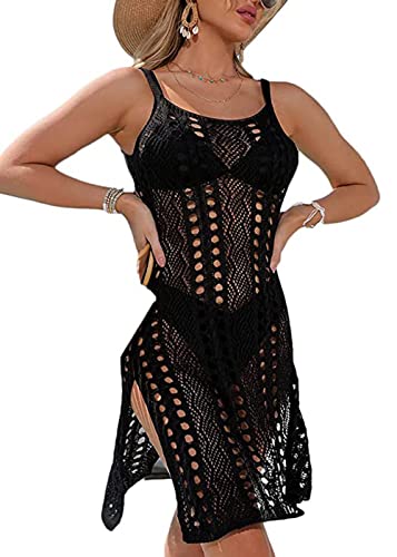 Damen Spaghettiträger Strandkleid Gehäkelter Strandkleider Bikini Cover Up Hollow Out Sommer Pareos Beach Tunika Mini Dress(Schwarz,S) von jakloz