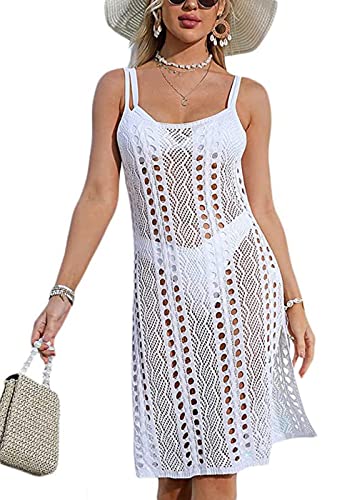 Damen Spaghettiträger Strandkleid Gehäkelter Strandkleider Bikini Cover Up Hollow Out Sommer Pareos Beach Tunika Mini Dress(Weiß,S) von jakloz