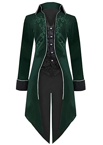 Herren Mittelalter Steampunk Jacke Gothic Frack Mantel Faschingskostüme,Renaissance Retro viktorianische Hof Stickerei Mantel, Halloween Piraten Vampir Cosplay Kostüme für Männer(Grün,2XL) von jakloz