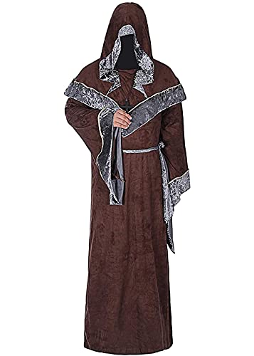 Mystische Zauberer Robe Halloween Cosplay Kostüme für Männer, Erwachsene Mittelalter Uniform Vintage Renaissance Kleidung, Herren Outfit Zauberer Mantel Umhang(Braun,M) von jakloz